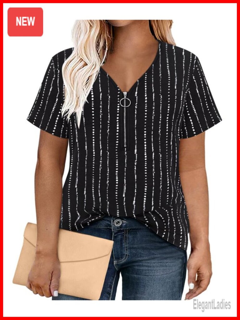 Plus Size V Neck Zipper Tunic Top Striped Casual Short Sleeve